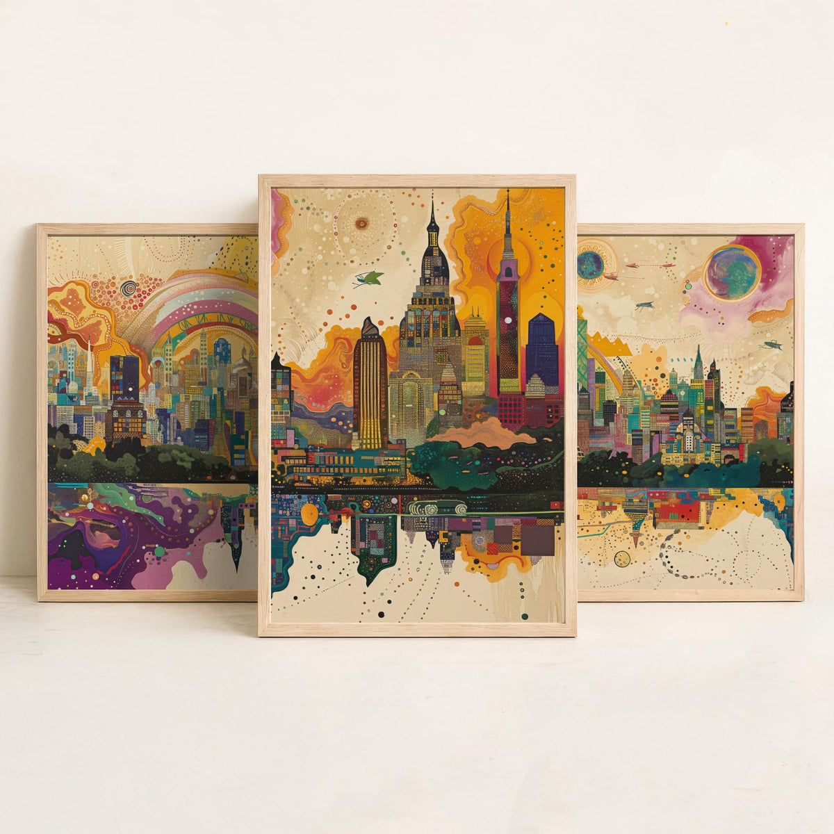 Mumbai India Set of Three Prints | Sea Link Arch Skyline Skyscrapers | Vibrant Cityscape Art Print Poster Illustration