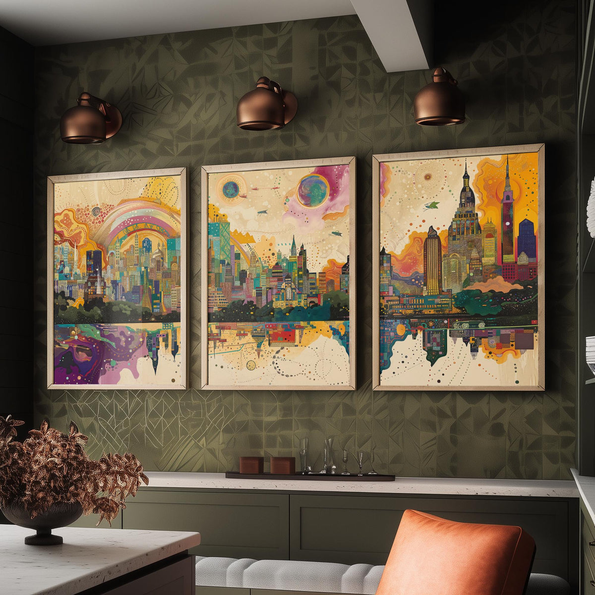 Mumbai India Set of Three Prints | Sea Link Arch Skyline Skyscrapers | Vibrant Cityscape Art Print Poster Illustration