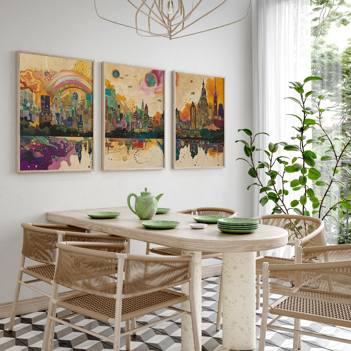 Mumbai India Set of Three Prints | Sea Link Arch Skyline Skyscrapers | Vibrant Cityscape Art Print Poster Illustration