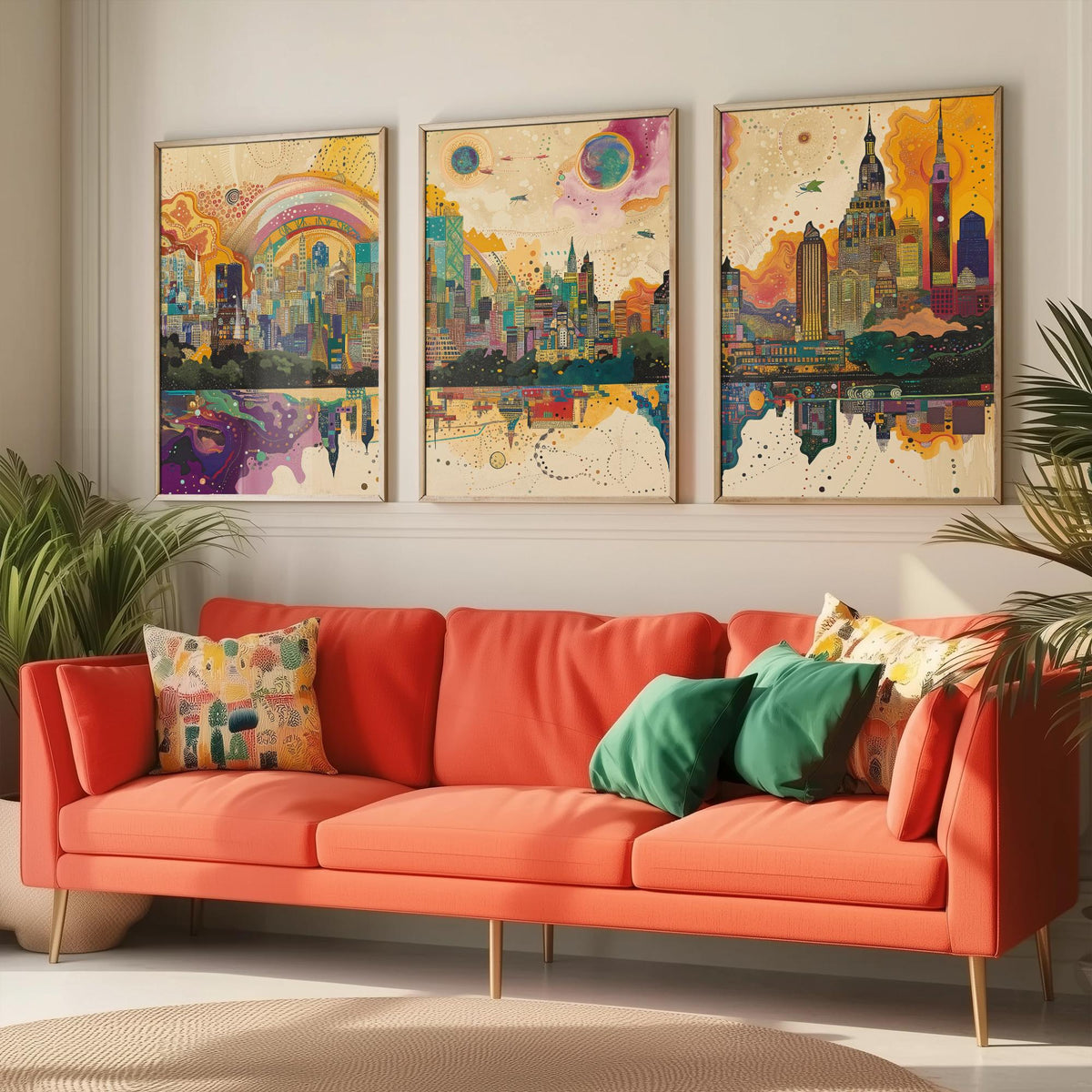 Mumbai India Set of Three Prints | Sea Link Arch Skyline Skyscrapers | Vibrant Cityscape Art Print Poster Illustration