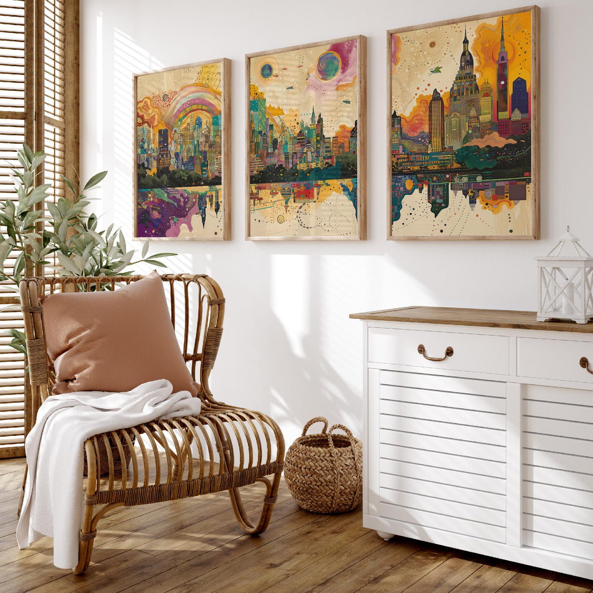 Mumbai India Set of Three Prints | Sea Link Arch Skyline Skyscrapers | Vibrant Cityscape Art Print Poster Illustration