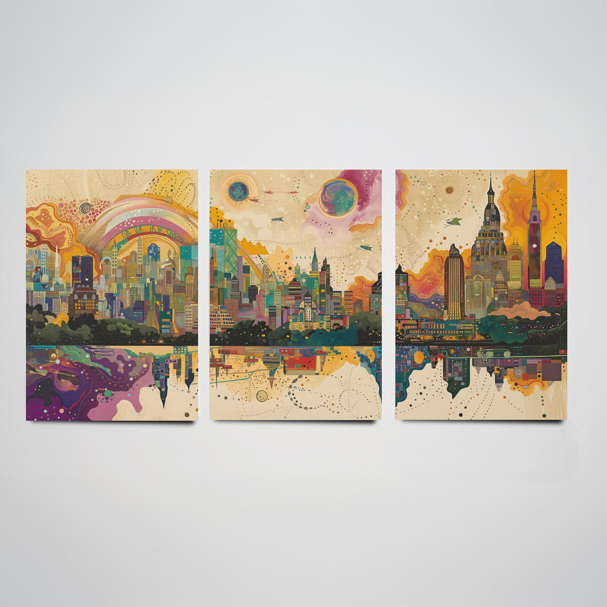 Mumbai India Set of Three Prints | Sea Link Arch Skyline Skyscrapers | Vibrant Cityscape Art Print Poster Illustration
