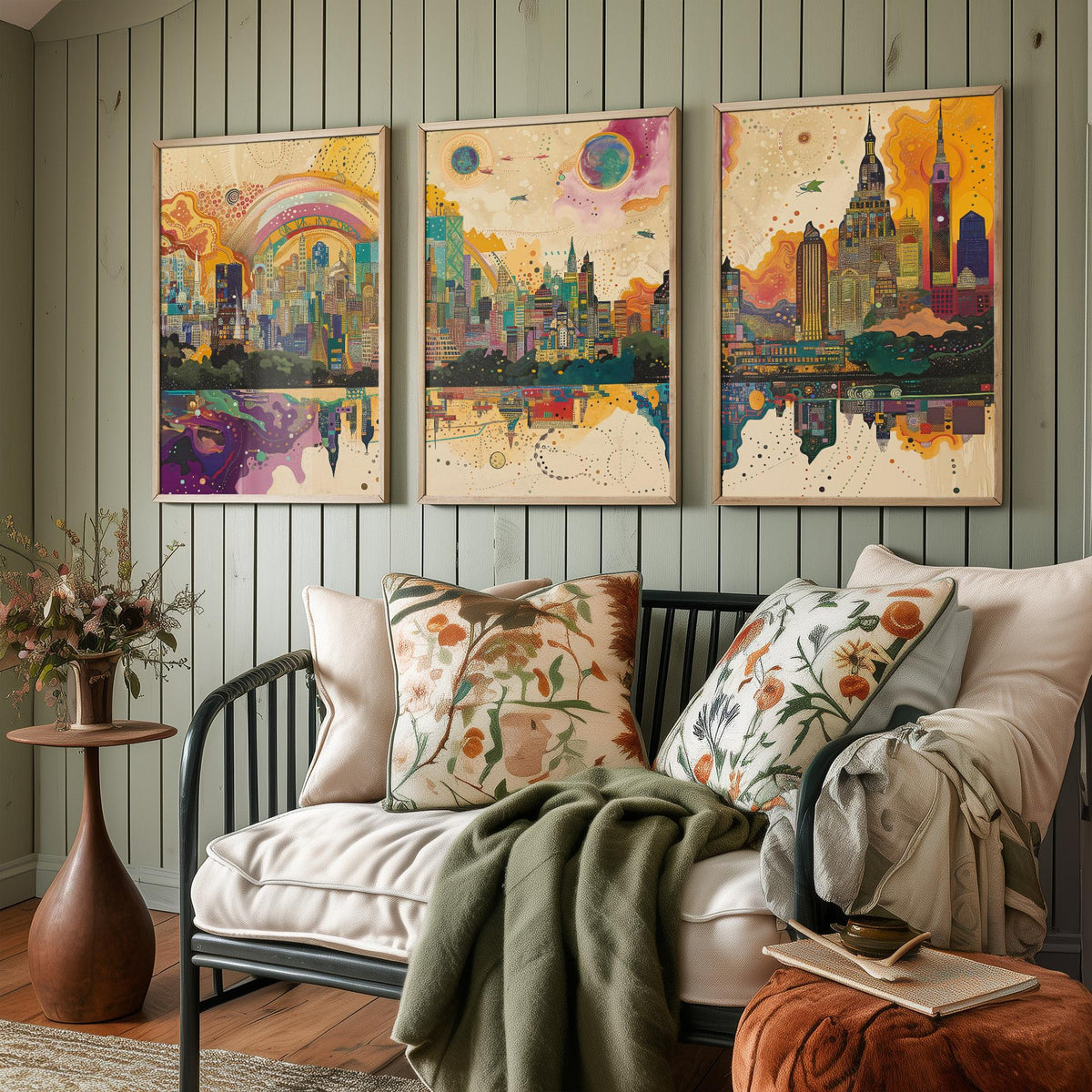 Mumbai India Set of Three Prints | Sea Link Arch Skyline Skyscrapers | Vibrant Cityscape Art Print Poster Illustration