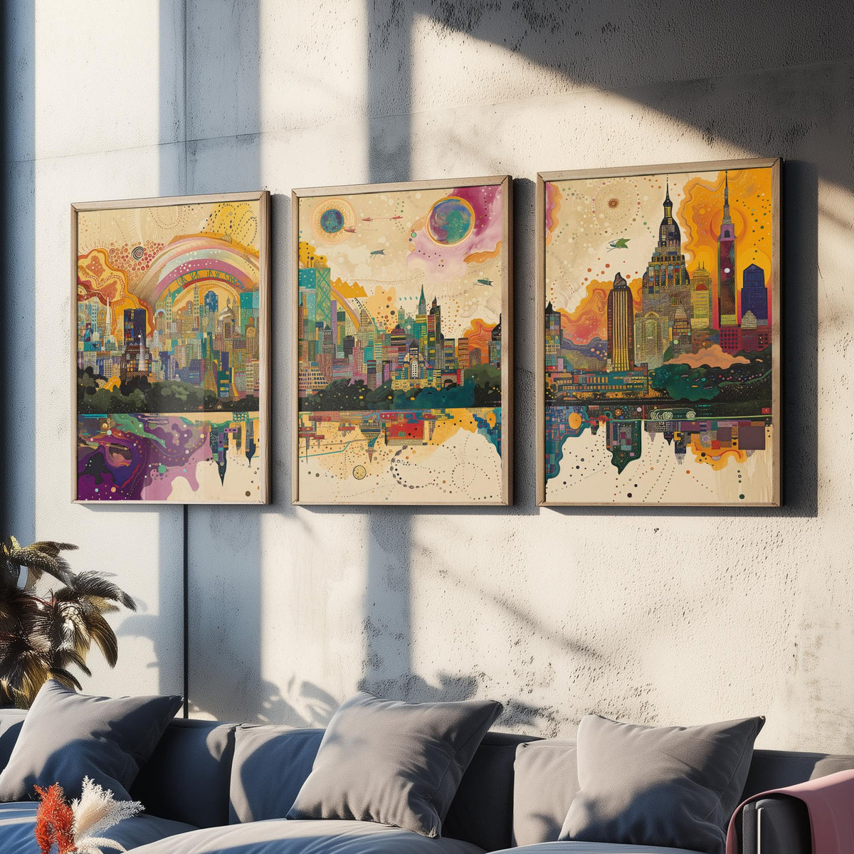 Mumbai India Set of Three Prints | Sea Link Arch Skyline Skyscrapers | Vibrant Cityscape Art Print Poster Illustration