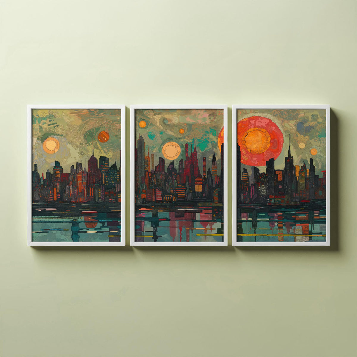 New York City Skyline at Night Set of Three Prints - Empire State, Manhattan, Hudson River - 3 Panoramic Art Prints Poster Painting
