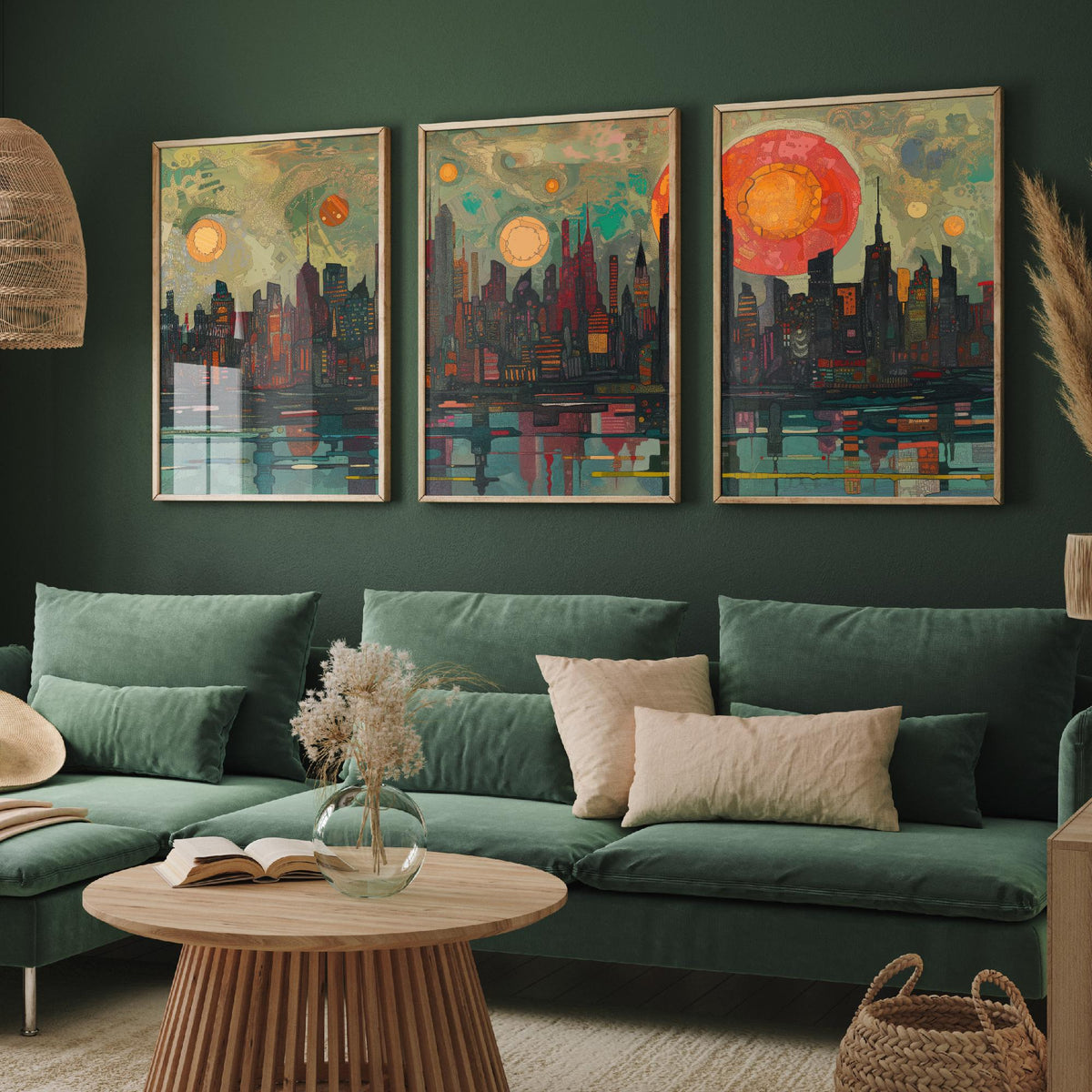 New York City Skyline at Night Set of Three Prints - Empire State, Manhattan, Hudson River - 3 Panoramic Art Prints Poster Painting