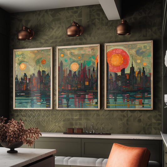 New York City Skyline at Night Set of Three Prints - Empire State, Manhattan, Hudson River - 3 Panoramic Art Prints Poster Painting
