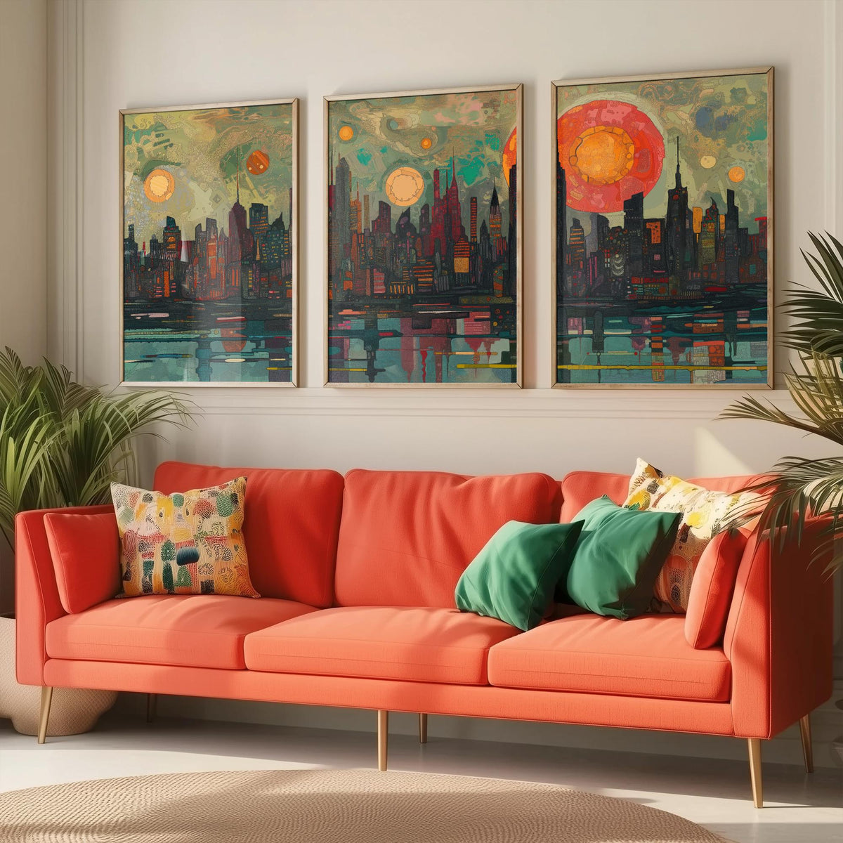 New York City Skyline at Night Set of Three Prints - Empire State, Manhattan, Hudson River - 3 Panoramic Art Prints Poster Painting