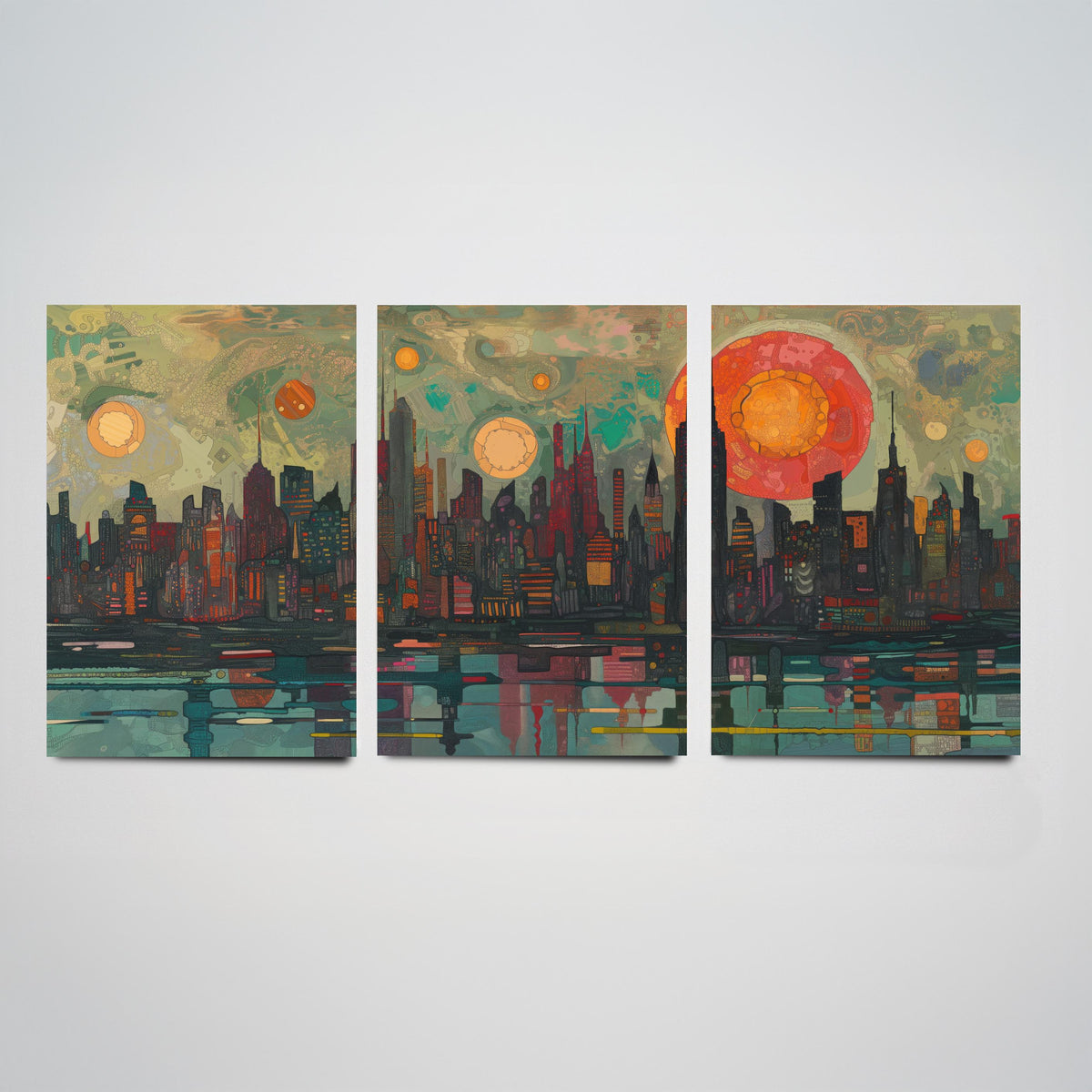 New York City Skyline at Night Set of Three Prints - Empire State, Manhattan, Hudson River - 3 Panoramic Art Prints Poster Painting