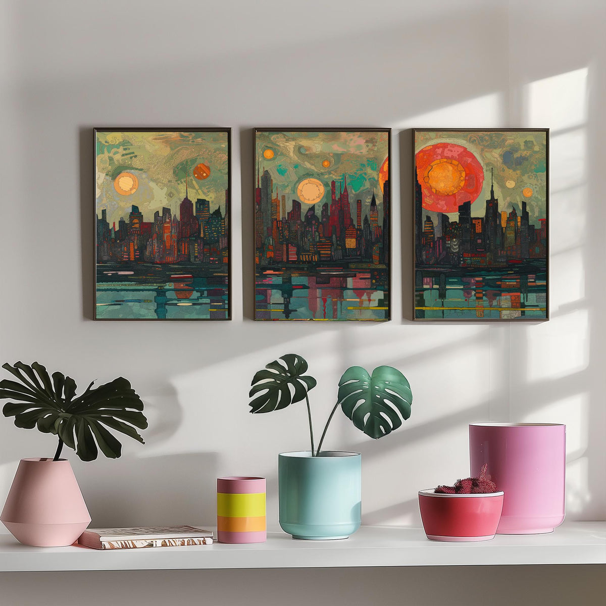 New York City Skyline at Night Set of Three Prints - Empire State, Manhattan, Hudson River - 3 Panoramic Art Prints Poster Painting