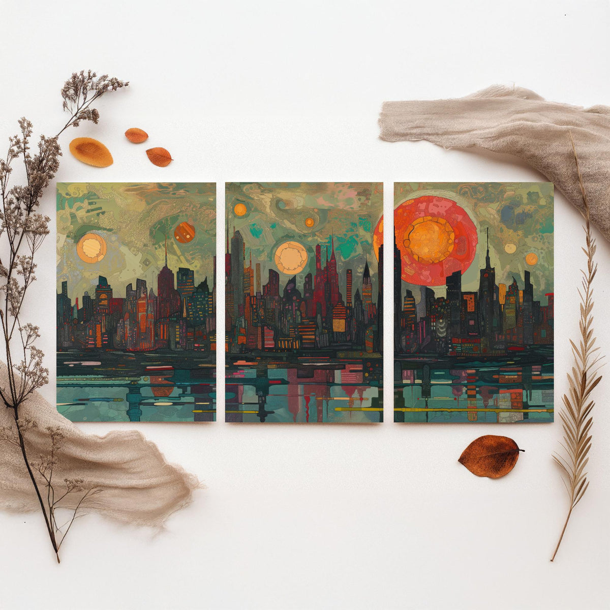 New York City Skyline at Night Set of Three Prints - Empire State, Manhattan, Hudson River - 3 Panoramic Art Prints Poster Painting