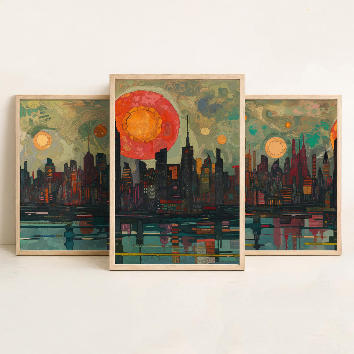 New York City Skyline at Night Set of Three Prints - Empire State, Manhattan, Hudson River - 3 Panoramic Art Prints Poster Painting