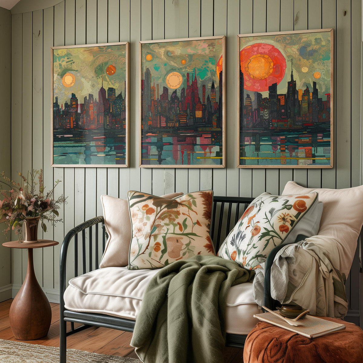 New York City Skyline at Night Set of Three Prints - Empire State, Manhattan, Hudson River - 3 Panoramic Art Prints Poster Painting
