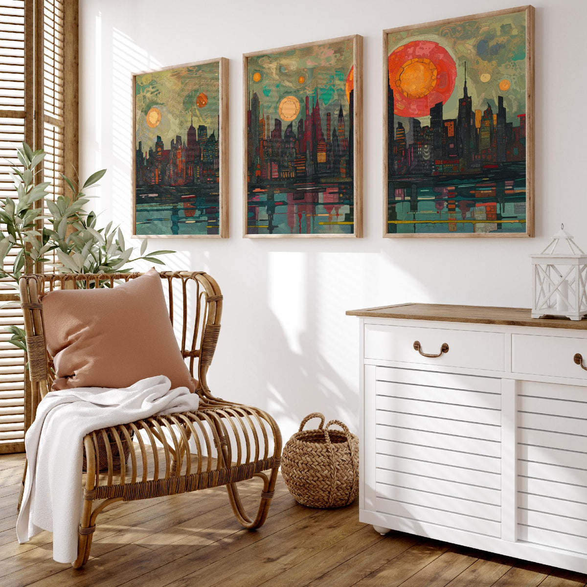 New York City Skyline at Night Set of Three Prints - Empire State, Manhattan, Hudson River - 3 Panoramic Art Prints Poster Painting