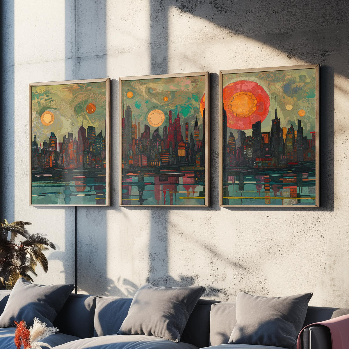 New York City Skyline at Night Set of Three Prints - Empire State, Manhattan, Hudson River - 3 Panoramic Art Prints Poster Painting
