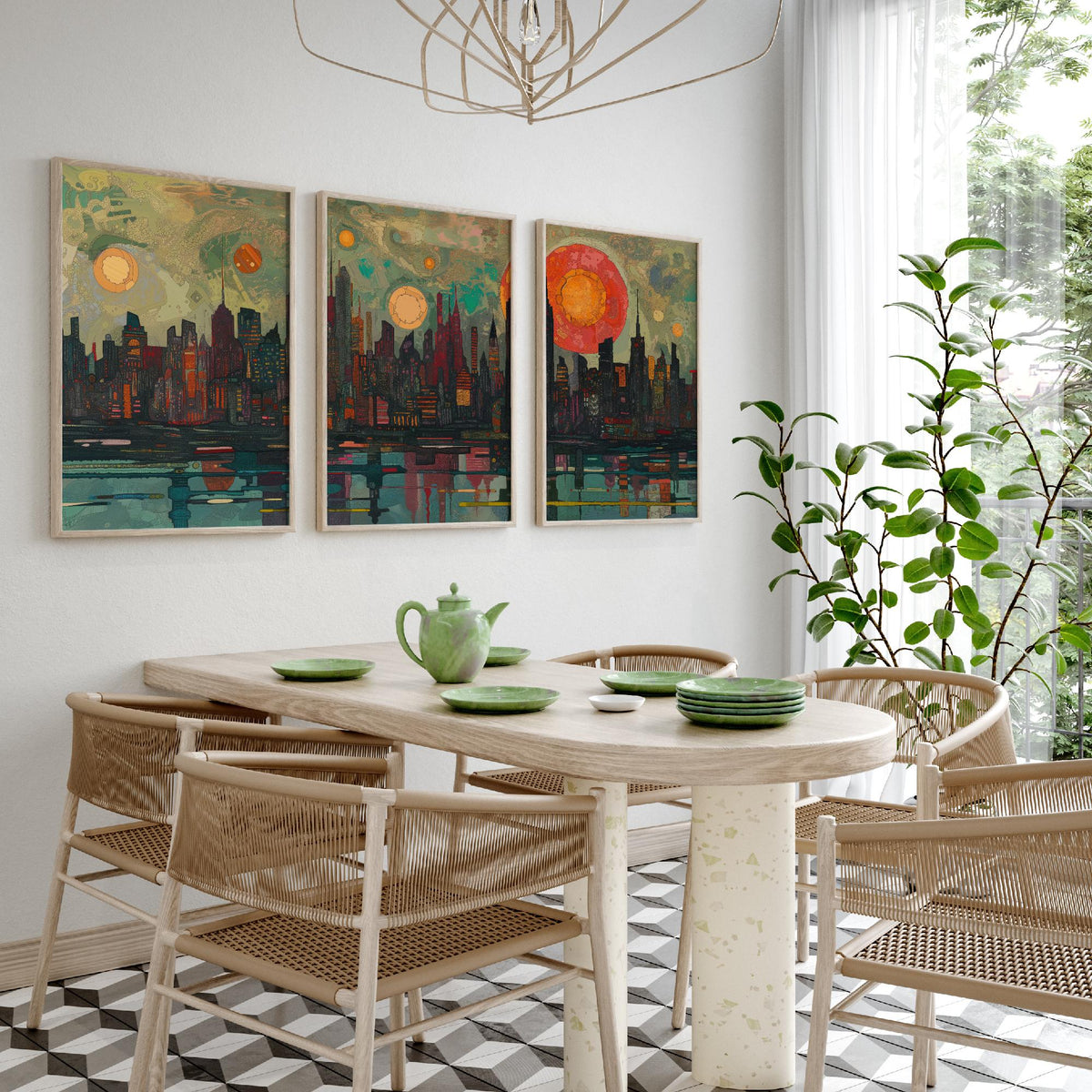 New York City Skyline at Night Set of Three Prints - Empire State, Manhattan, Hudson River - 3 Panoramic Art Prints Poster Painting