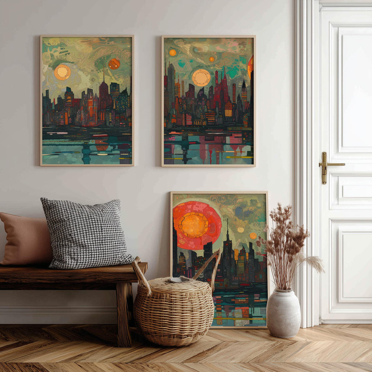 New York City Skyline at Night Set of Three Prints - Empire State, Manhattan, Hudson River - 3 Panoramic Art Prints Poster Painting