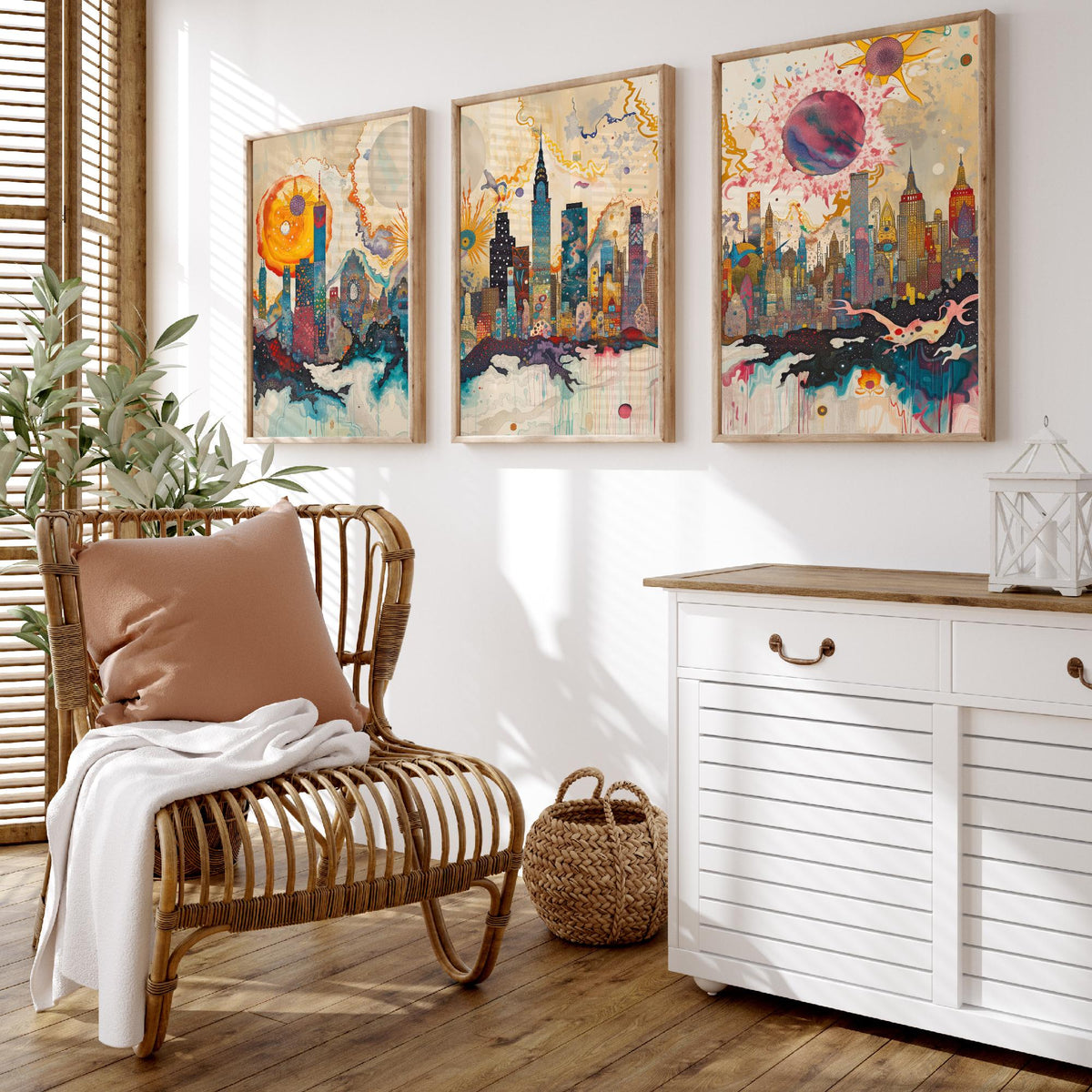 New York City USA Set of Three Prints - Chrysler, Empire State, Manhattan Skyline - 3 Daytime Panorama Art Prints Poster Illustration