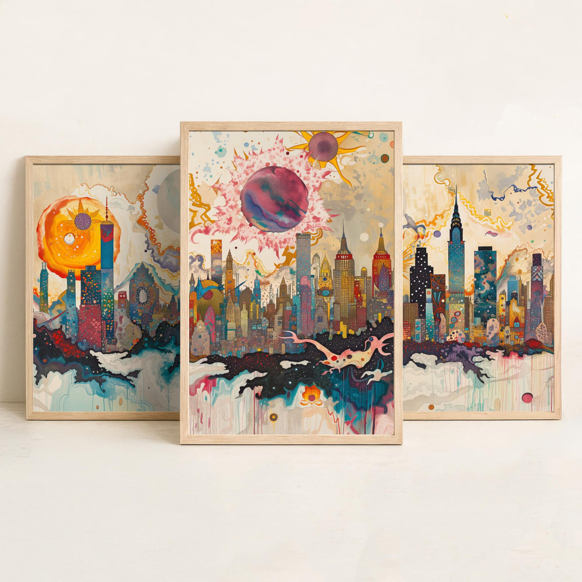 New York City USA Set of Three Prints - Chrysler, Empire State, Manhattan Skyline - 3 Daytime Panorama Art Prints Poster Illustration