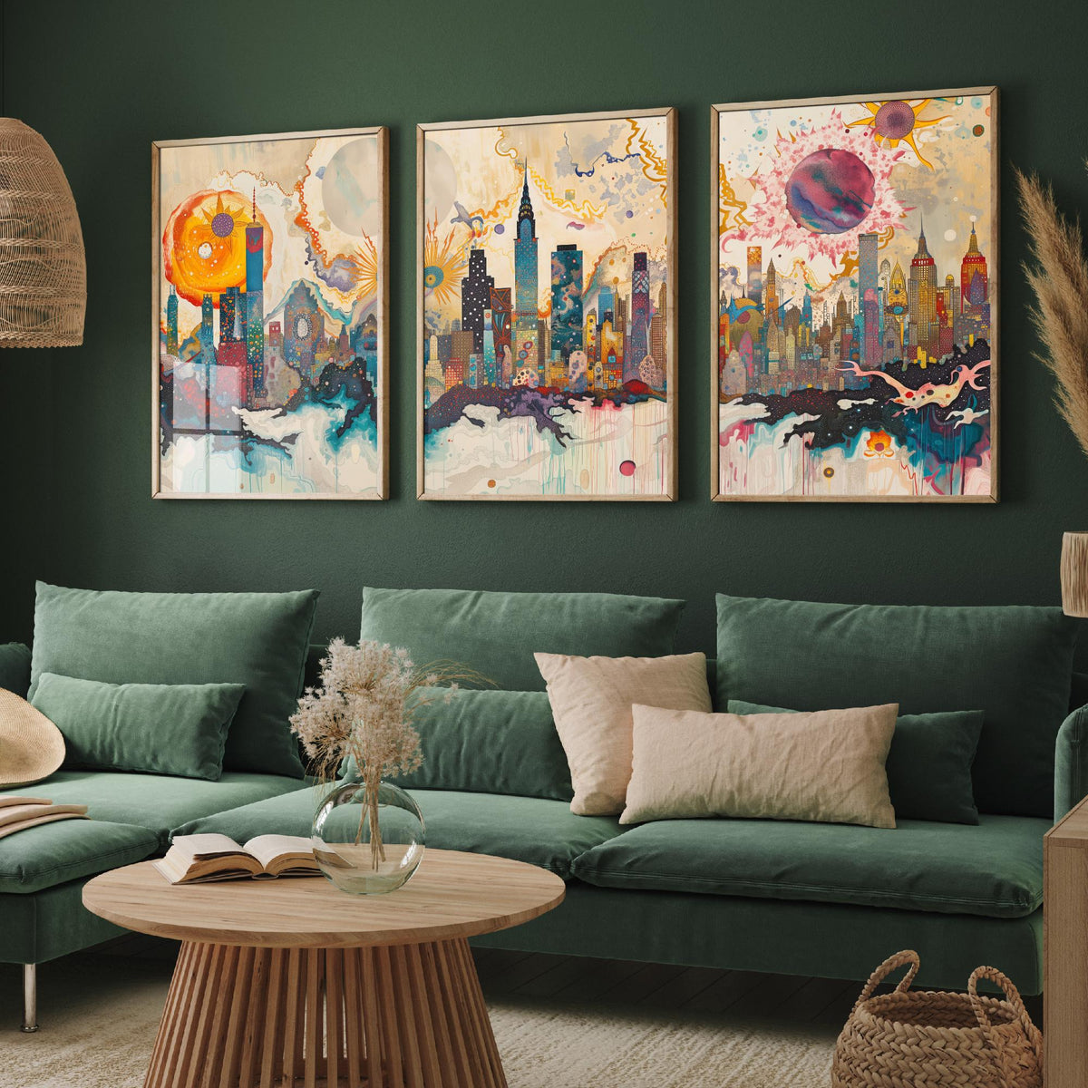 New York City USA Set of Three Prints - Chrysler, Empire State, Manhattan Skyline - 3 Daytime Panorama Art Prints Poster Illustration