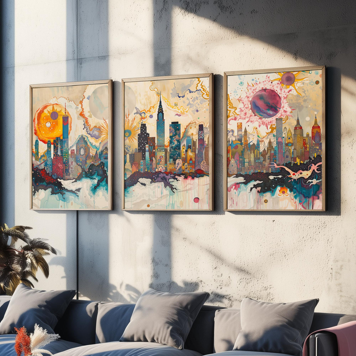 New York City USA Set of Three Prints - Chrysler, Empire State, Manhattan Skyline - 3 Daytime Panorama Art Prints Poster Illustration