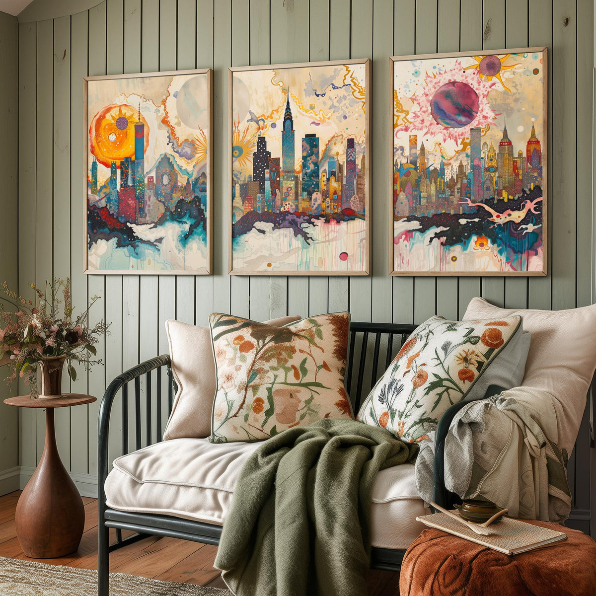 New York City USA Set of Three Prints - Chrysler, Empire State, Manhattan Skyline - 3 Daytime Panorama Art Prints Poster Illustration