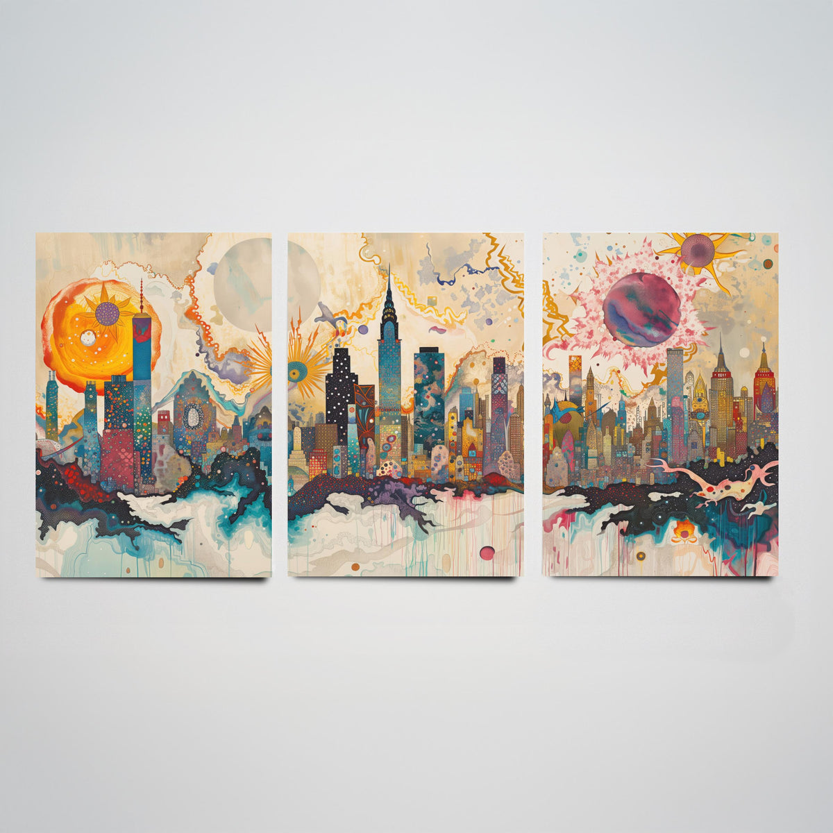 New York City USA Set of Three Prints - Chrysler, Empire State, Manhattan Skyline - 3 Daytime Panorama Art Prints Poster Illustration