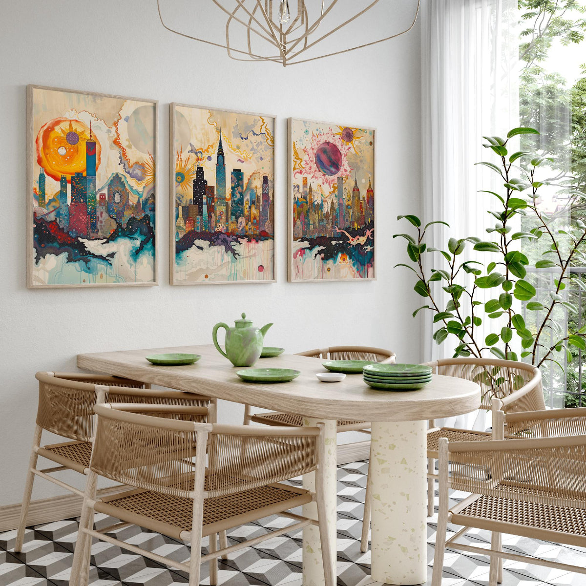 New York City USA Set of Three Prints - Chrysler, Empire State, Manhattan Skyline - 3 Daytime Panorama Art Prints Poster Illustration