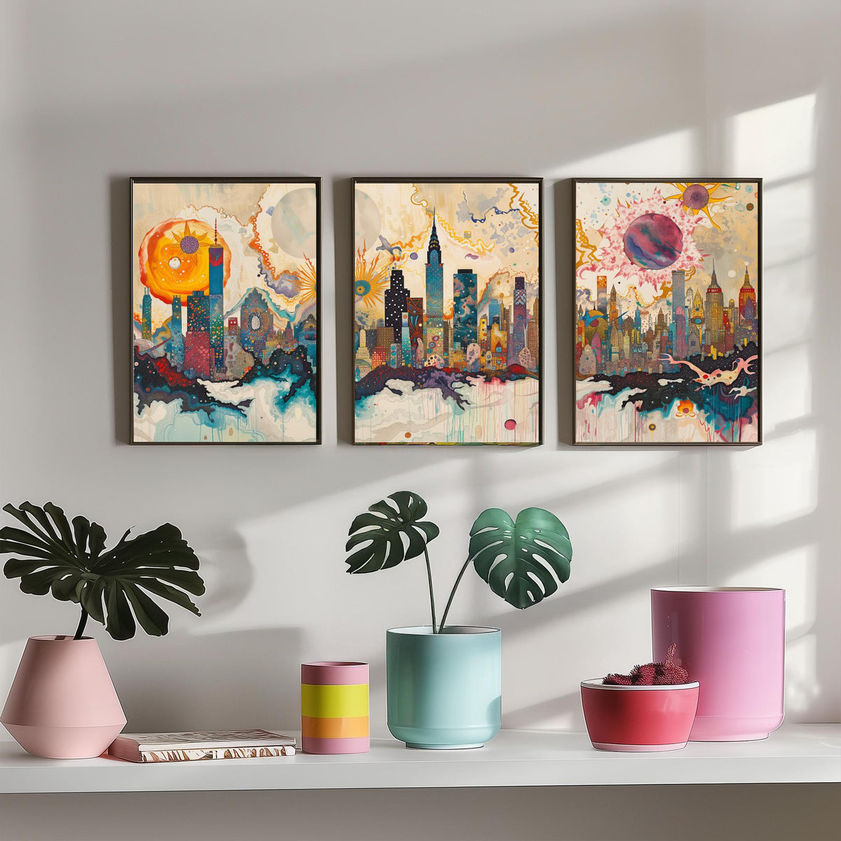 New York City USA Set of Three Prints - Chrysler, Empire State, Manhattan Skyline - 3 Daytime Panorama Art Prints Poster Illustration
