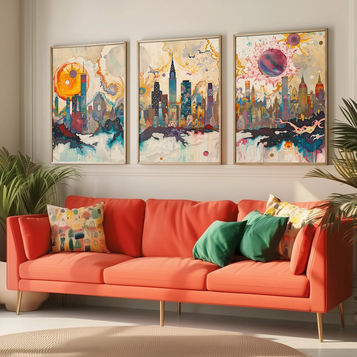New York City USA Set of Three Prints - Chrysler, Empire State, Manhattan Skyline - 3 Daytime Panorama Art Prints Poster Illustration