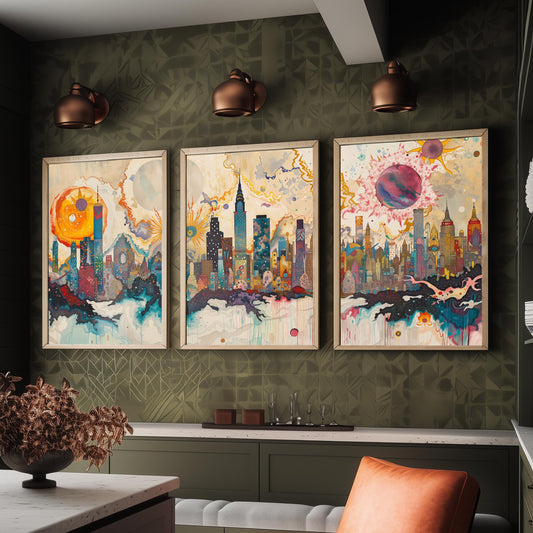 New York City USA Set of Three Prints - Chrysler, Empire State, Manhattan Skyline - 3 Daytime Panorama Art Prints Poster Illustration