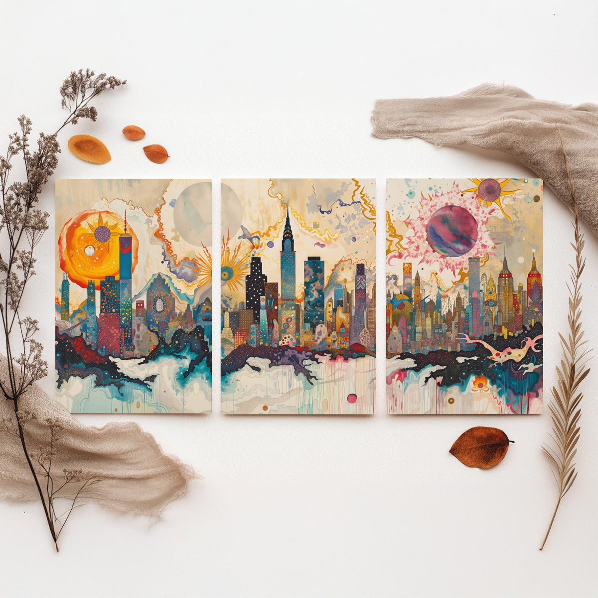 New York City USA Set of Three Prints - Chrysler, Empire State, Manhattan Skyline - 3 Daytime Panorama Art Prints Poster Illustration