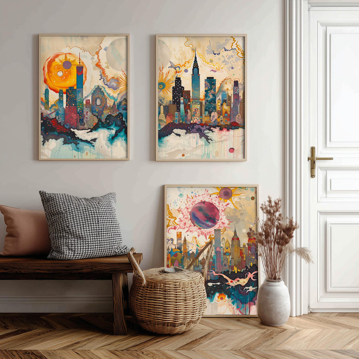 New York City USA Set of Three Prints - Chrysler, Empire State, Manhattan Skyline - 3 Daytime Panorama Art Prints Poster Illustration