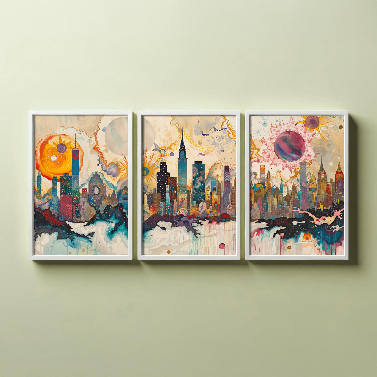 New York City USA Set of Three Prints - Chrysler, Empire State, Manhattan Skyline - 3 Daytime Panorama Art Prints Poster Illustration