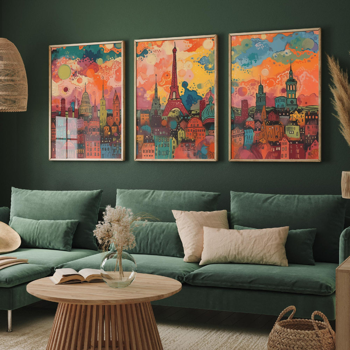 Paris France Skyline Set of Three Prints - Eiffel Tower, Montparnasse, Sacre-Coeur - 3 Panoramic Art Prints Poster Painting