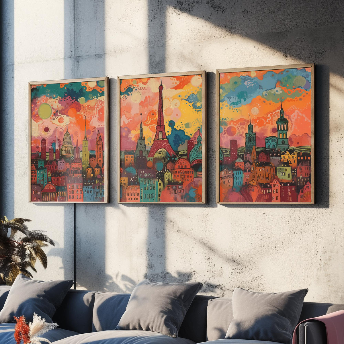 Paris France Skyline Set of Three Prints - Eiffel Tower, Montparnasse, Sacre-Coeur - 3 Panoramic Art Prints Poster Painting