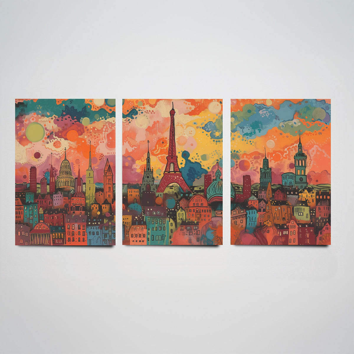 Paris France Skyline Set of Three Prints - Eiffel Tower, Montparnasse, Sacre-Coeur - 3 Panoramic Art Prints Poster Painting