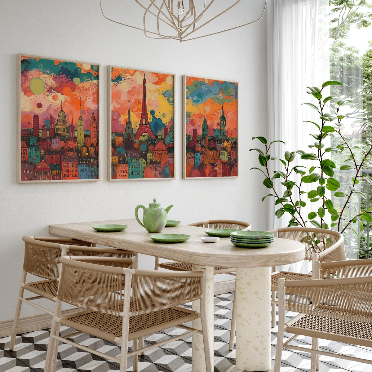 Paris France Skyline Set of Three Prints - Eiffel Tower, Montparnasse, Sacre-Coeur - 3 Panoramic Art Prints Poster Painting