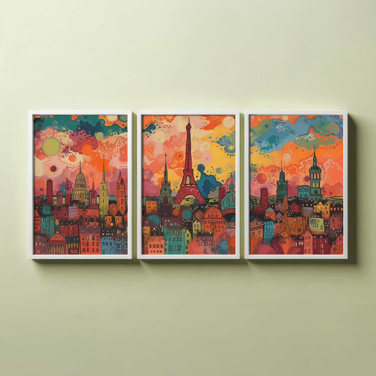 Paris France Skyline Set of Three Prints - Eiffel Tower, Montparnasse, Sacre-Coeur - 3 Panoramic Art Prints Poster Painting
