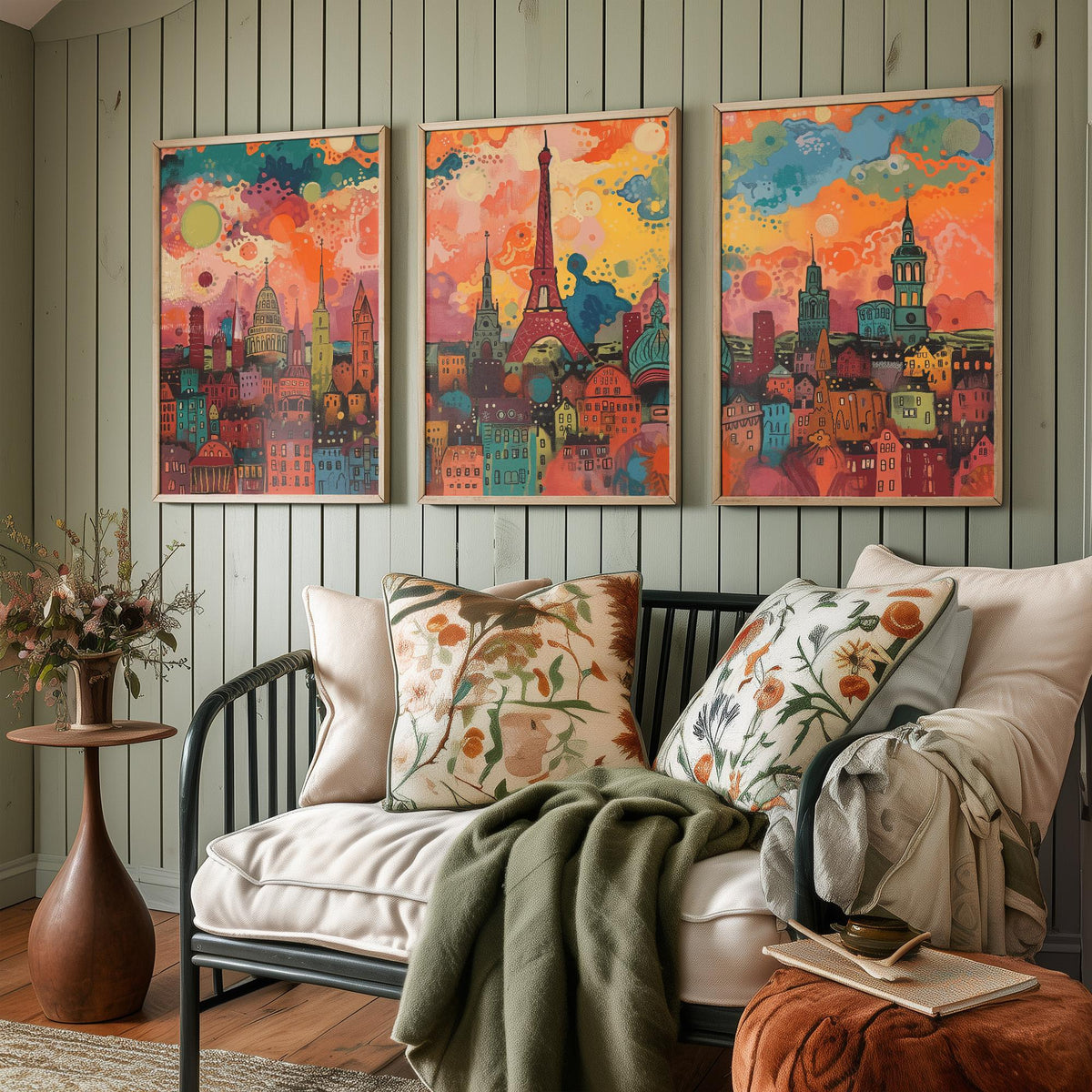 Paris France Skyline Set of Three Prints - Eiffel Tower, Montparnasse, Sacre-Coeur - 3 Panoramic Art Prints Poster Painting