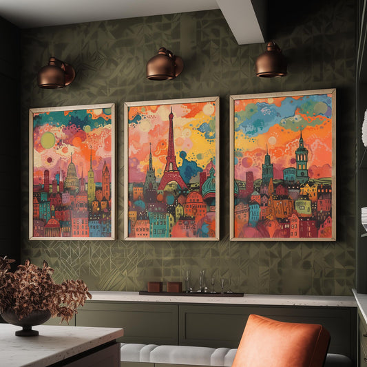 Paris France Skyline Set of Three Prints - Eiffel Tower, Montparnasse, Sacre-Coeur - 3 Panoramic Art Prints Poster Painting