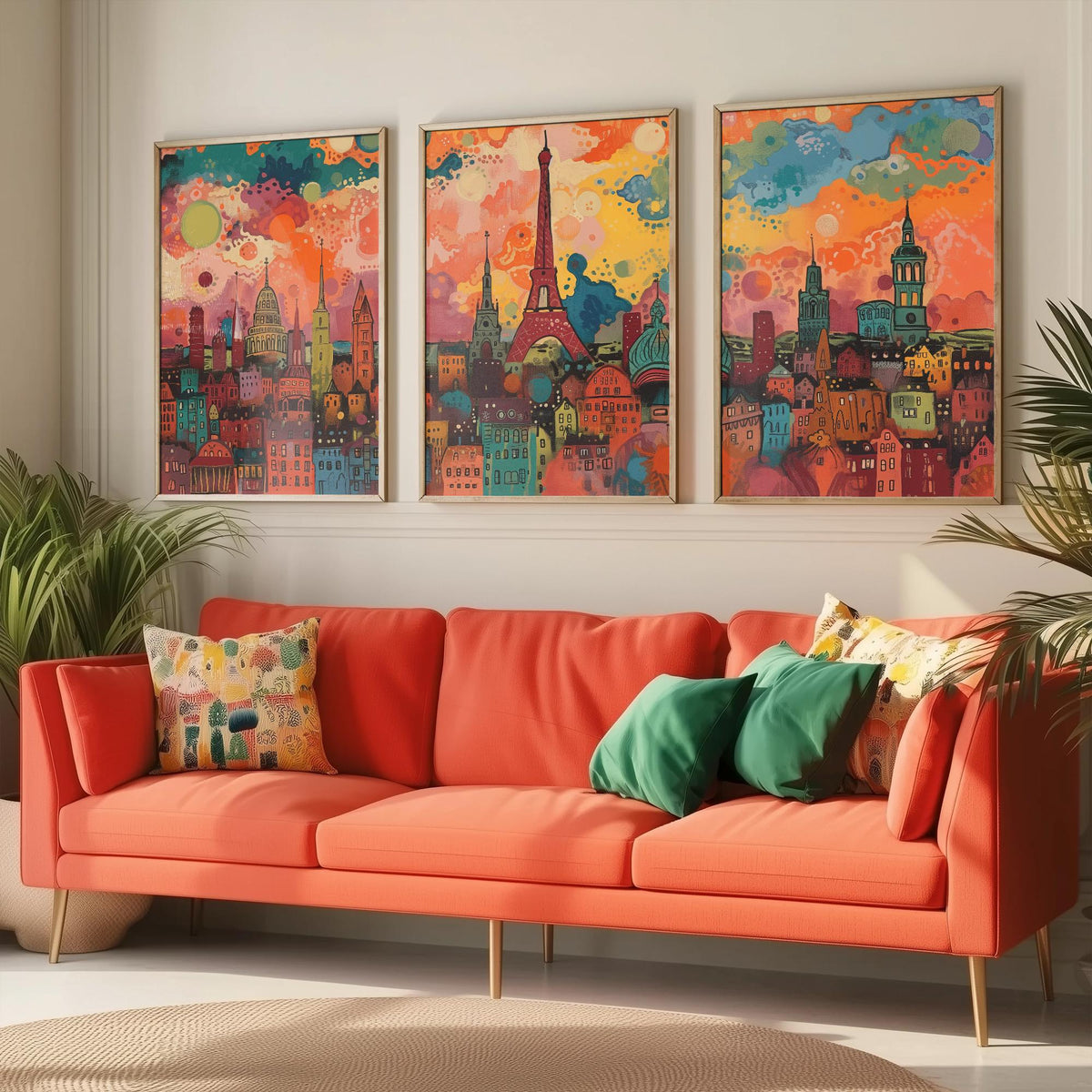 Paris France Skyline Set of Three Prints - Eiffel Tower, Montparnasse, Sacre-Coeur - 3 Panoramic Art Prints Poster Painting