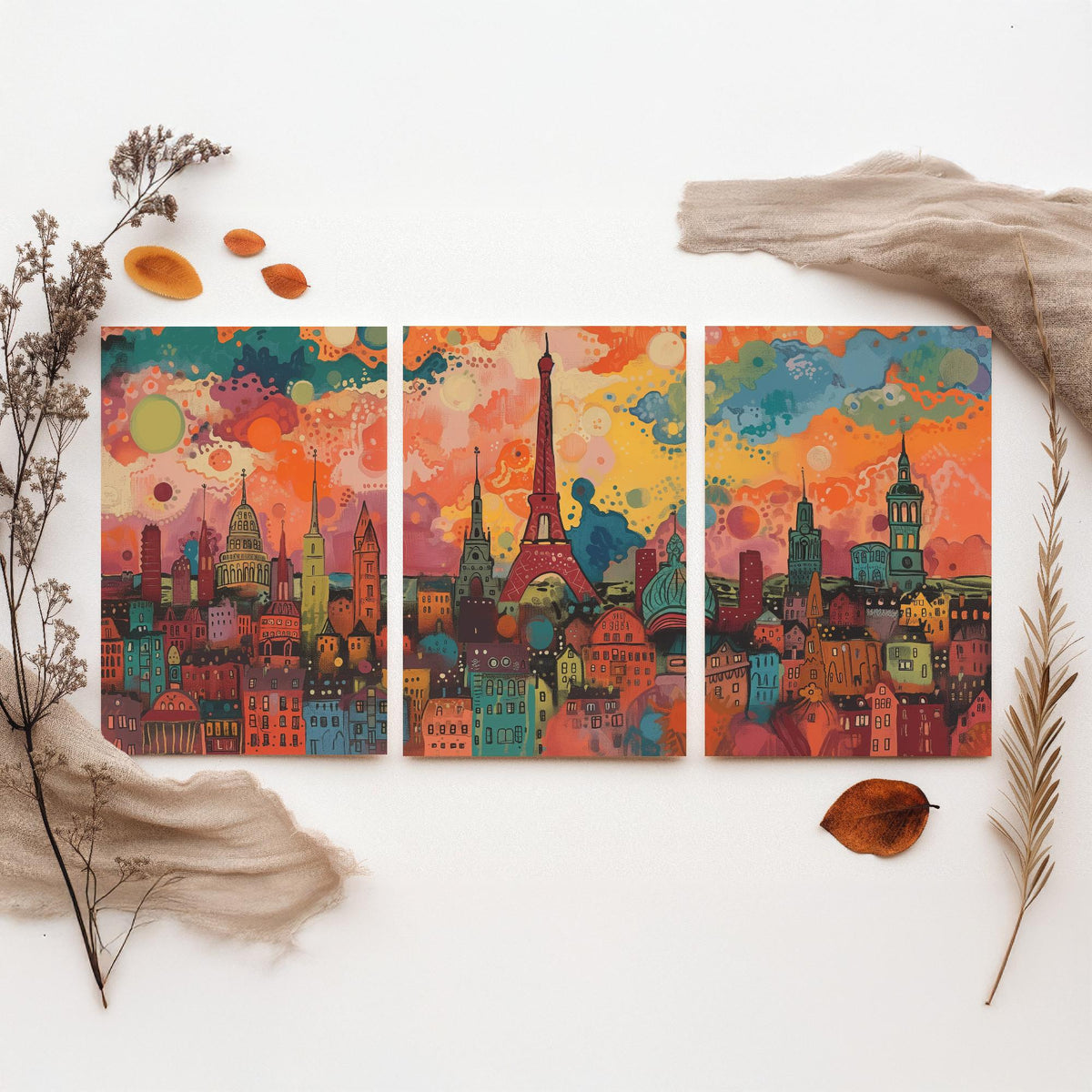Paris France Skyline Set of Three Prints - Eiffel Tower, Montparnasse, Sacre-Coeur - 3 Panoramic Art Prints Poster Painting