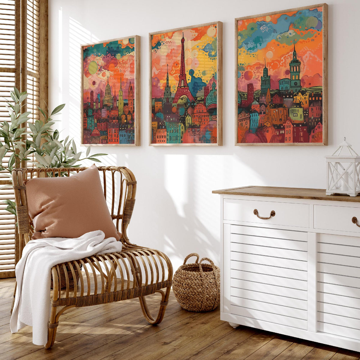 Paris France Skyline Set of Three Prints - Eiffel Tower, Montparnasse, Sacre-Coeur - 3 Panoramic Art Prints Poster Painting