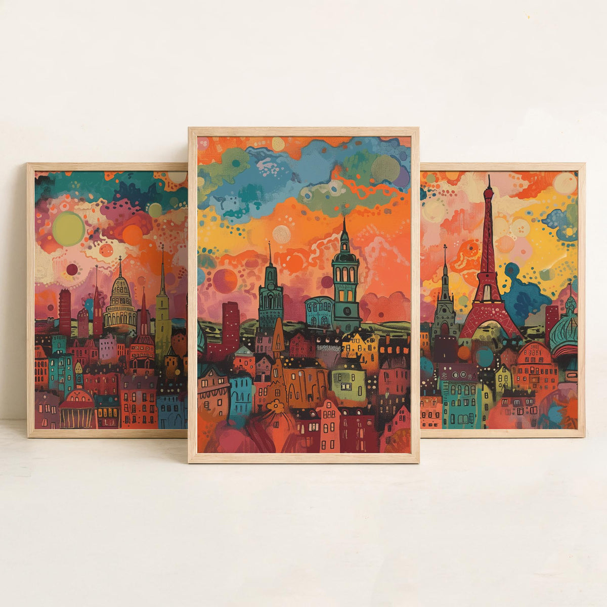 Paris France Skyline Set of Three Prints - Eiffel Tower, Montparnasse, Sacre-Coeur - 3 Panoramic Art Prints Poster Painting