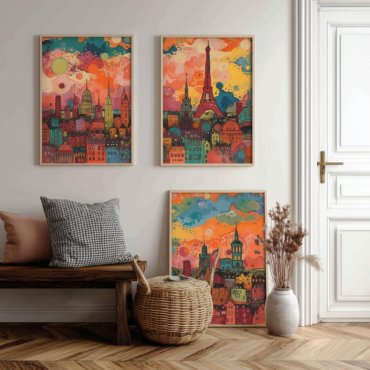 Paris France Skyline Set of Three Prints - Eiffel Tower, Montparnasse, Sacre-Coeur - 3 Panoramic Art Prints Poster Painting