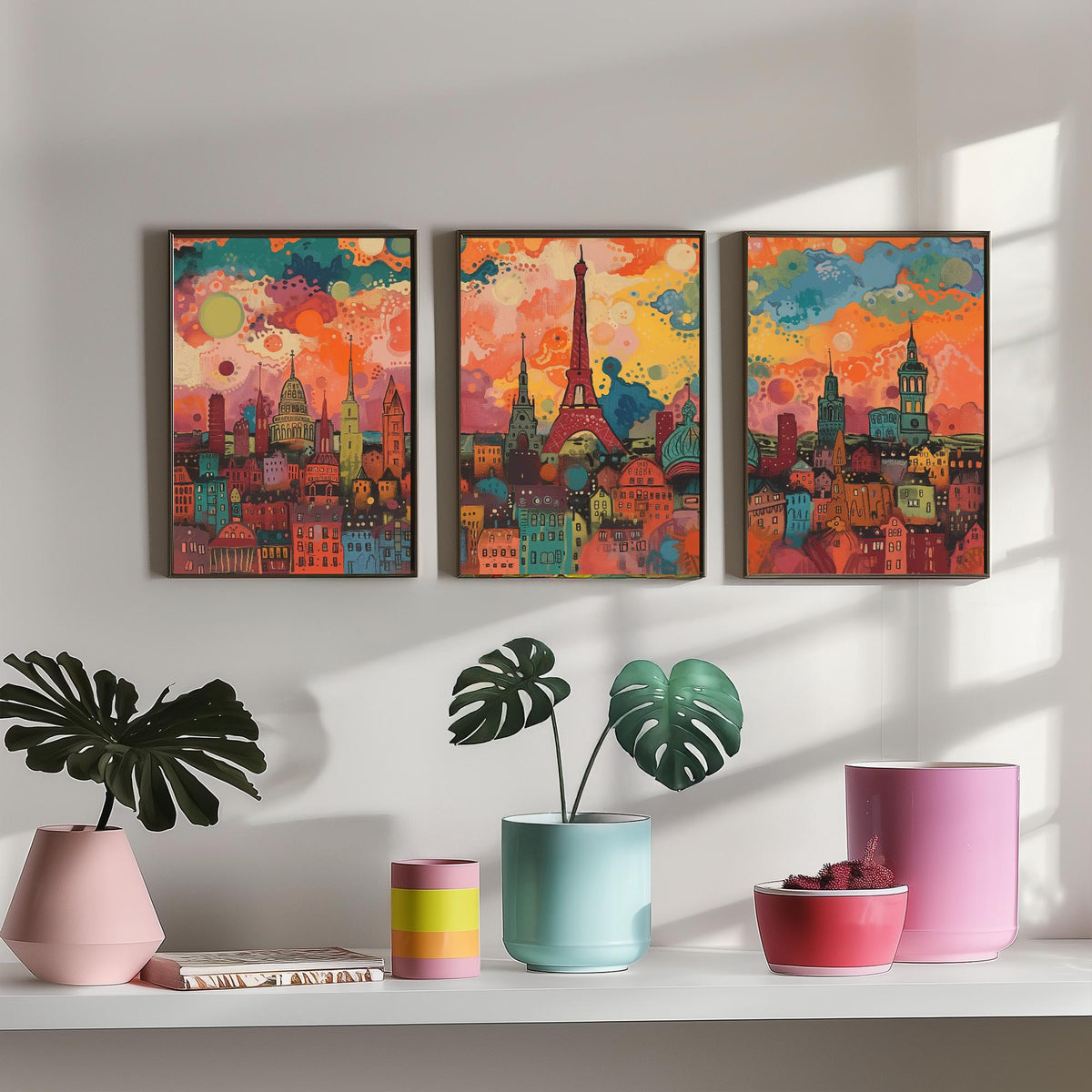 Paris France Skyline Set of Three Prints - Eiffel Tower, Montparnasse, Sacre-Coeur - 3 Panoramic Art Prints Poster Painting
