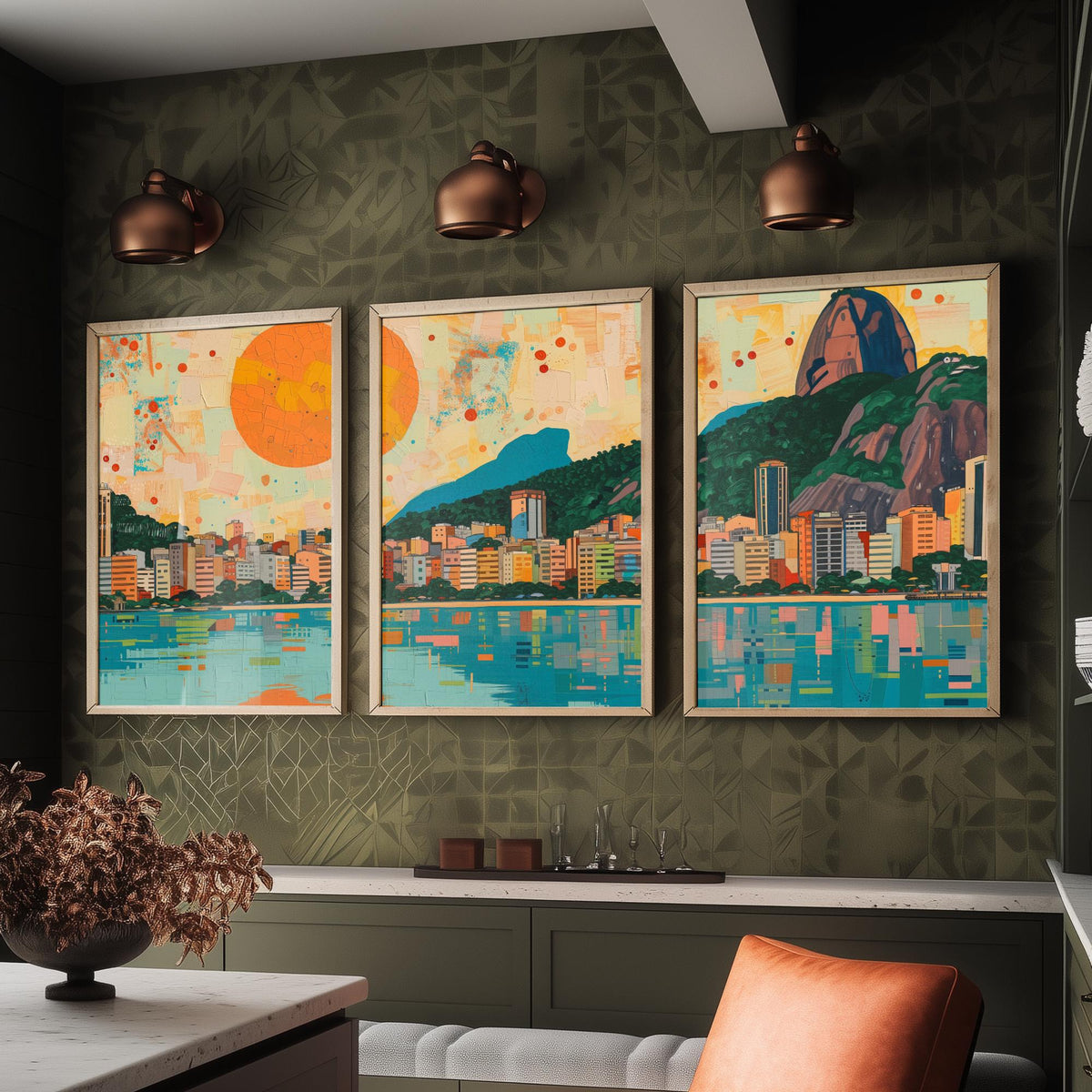 Rio de Janeiro Brazil Set of Three Prints - Christ the Redeemer, Sugarloaf, Guanabara Bay - 3 Panorama Art Prints Poster Painting