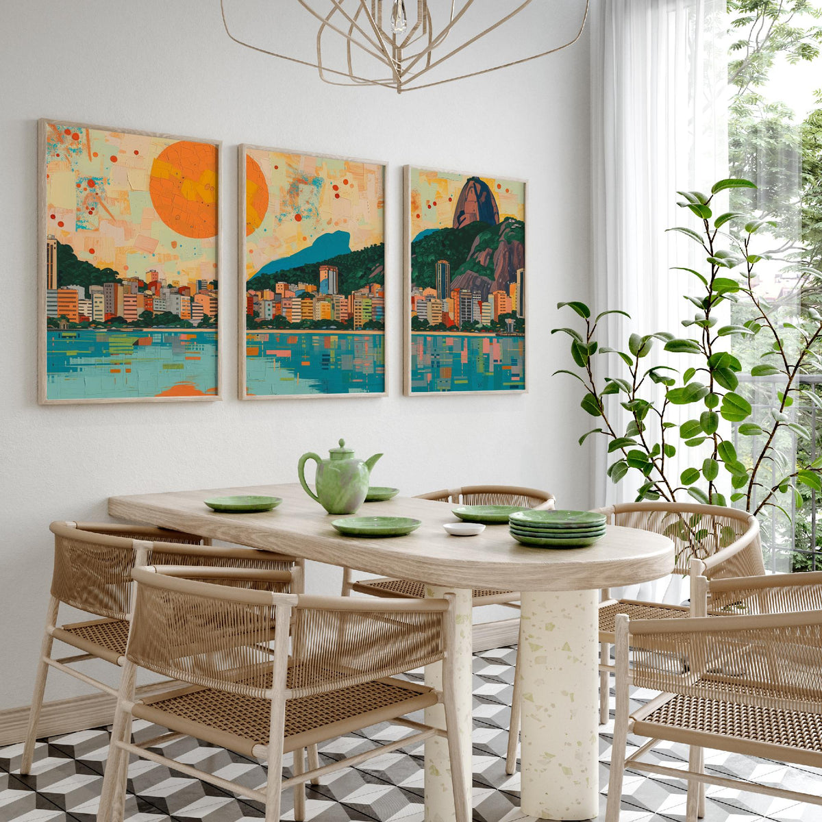 Rio de Janeiro Brazil Set of Three Prints - Christ the Redeemer, Sugarloaf, Guanabara Bay - 3 Panorama Art Prints Poster Painting