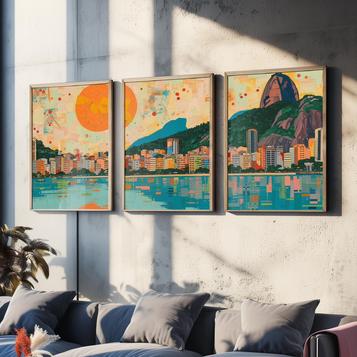 Rio de Janeiro Brazil Set of Three Prints - Christ the Redeemer, Sugarloaf, Guanabara Bay - 3 Panorama Art Prints Poster Painting